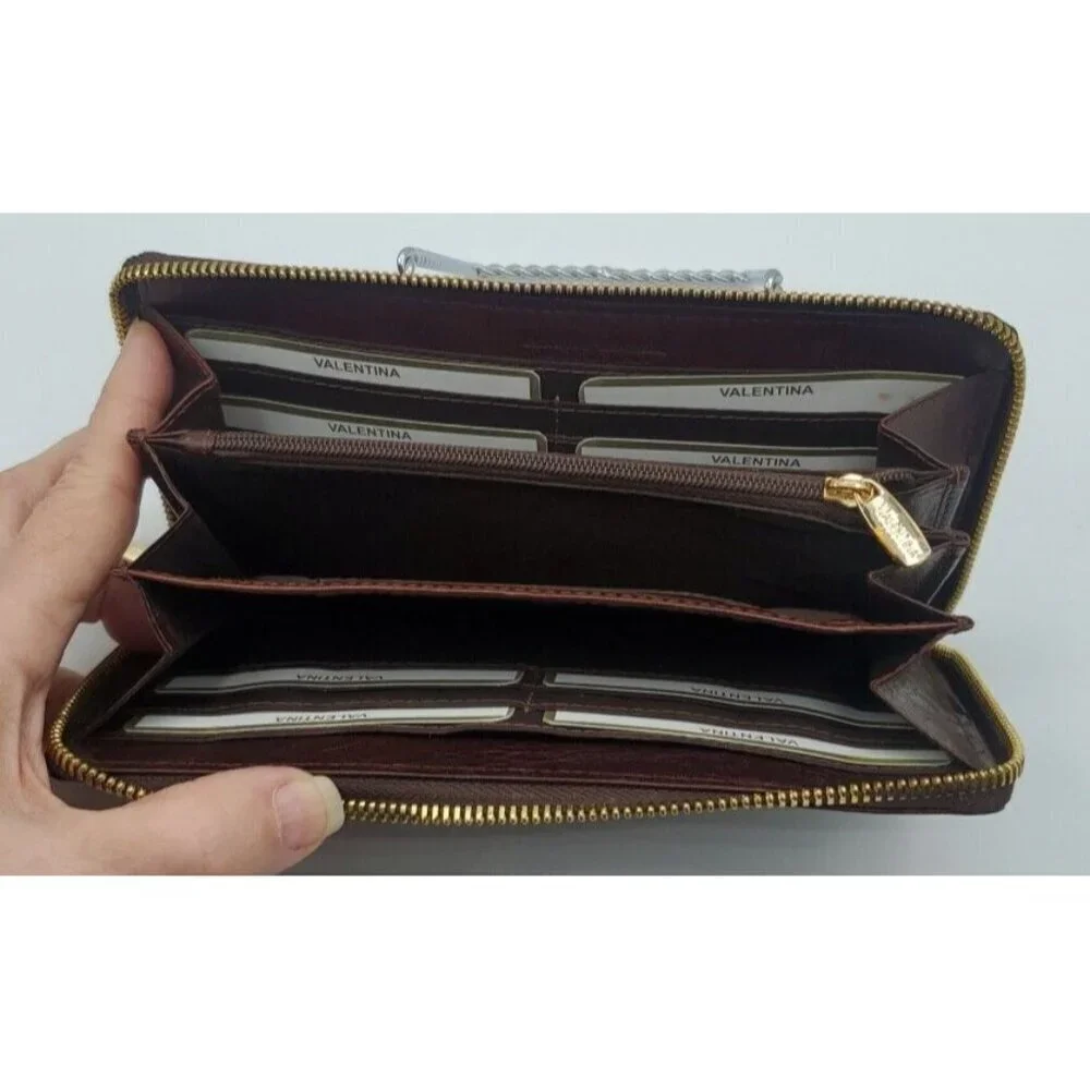 Valentina Genuine Embossed Floral Pattern Design Dark Red Leather Wallet Italy